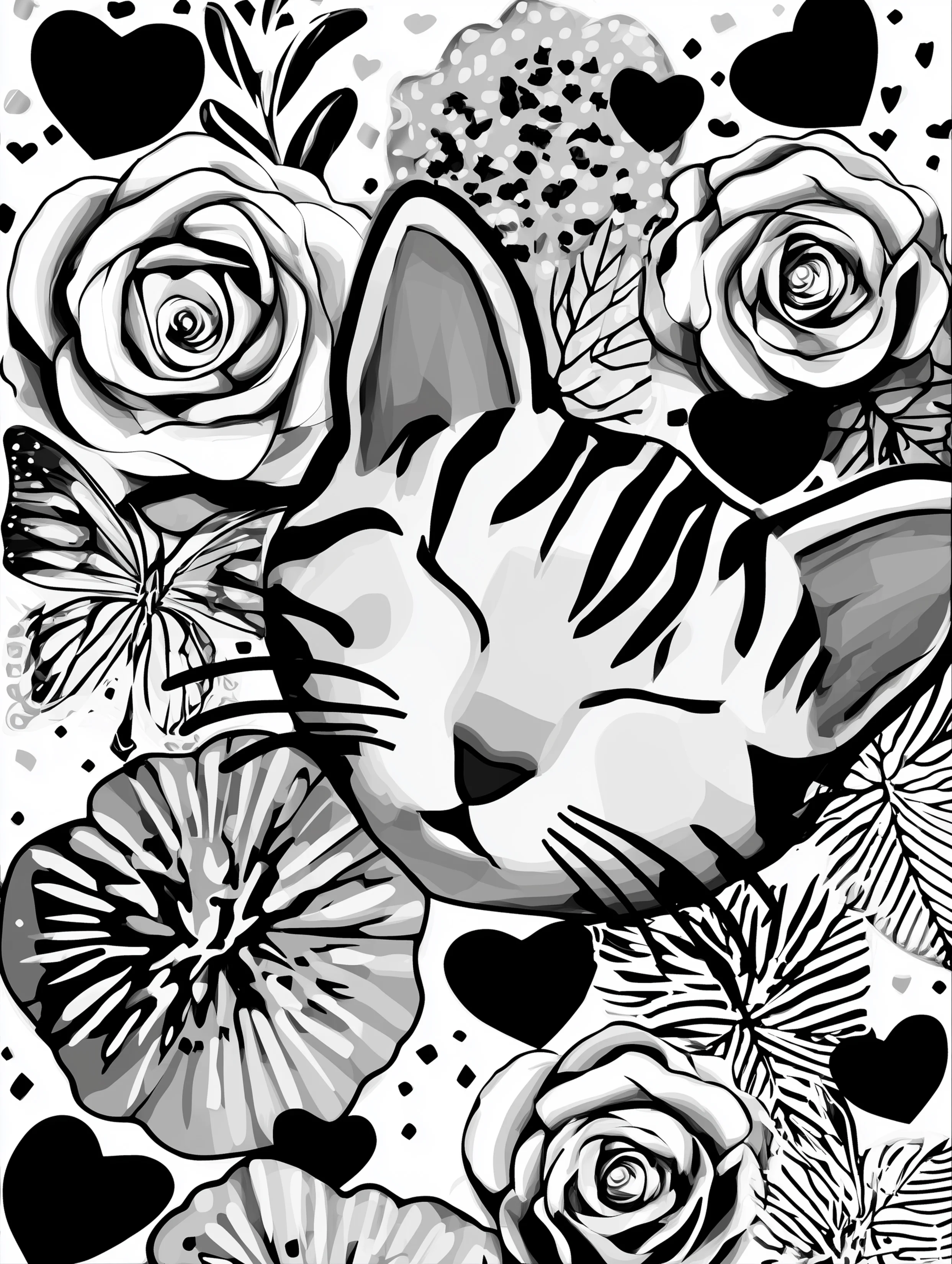 Free printable cats coloring page featuring a squinting cat with flowers